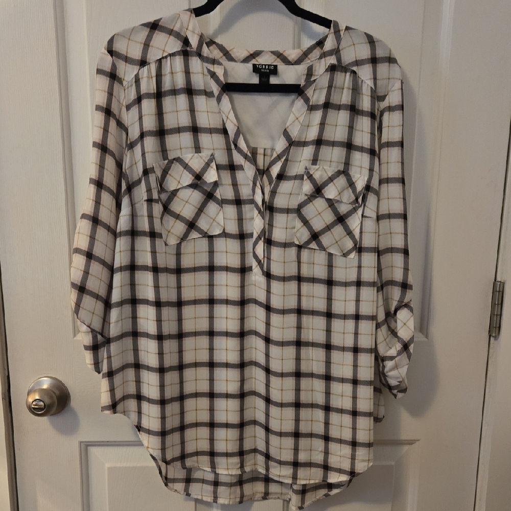 Torrid Harper White and Gold Plaid Shirt